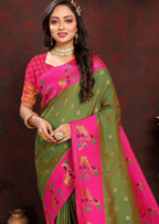 Vedant Vastram Mehndi Color Paithani Silk Saree - Mehndi | Grocsy