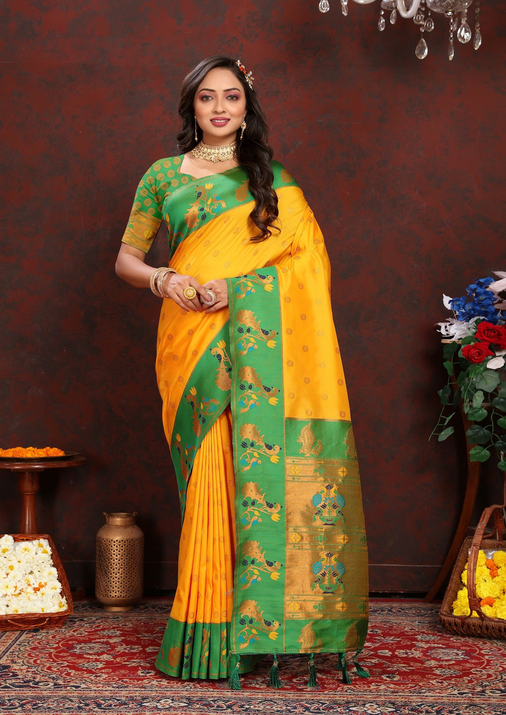 Vedant Vastram Mustard Color Paithani Silk Saree - Mustard | Grocsy
