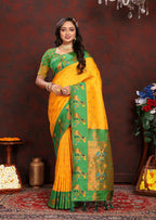 Vedant Vastram Mustard Color Paithani Silk Saree - Mustard | Grocsy