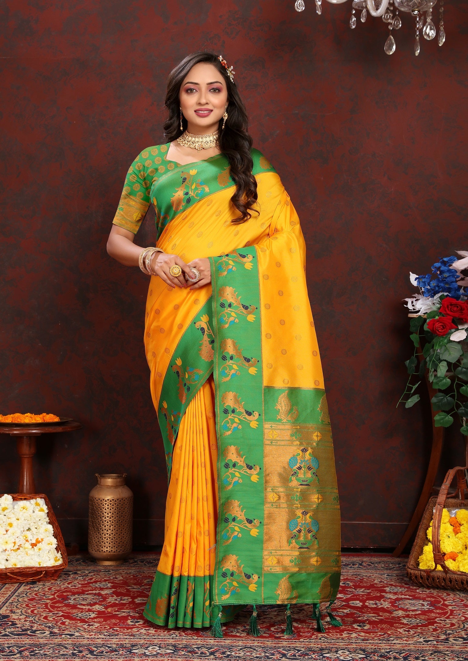 Vedant Vastram Mustard Color Paithani Silk Saree - Mustard | Grocsy