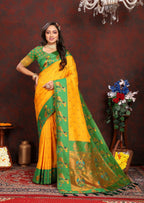 Vedant Vastram Mustard Color Paithani Silk Saree - Mustard | Grocsy