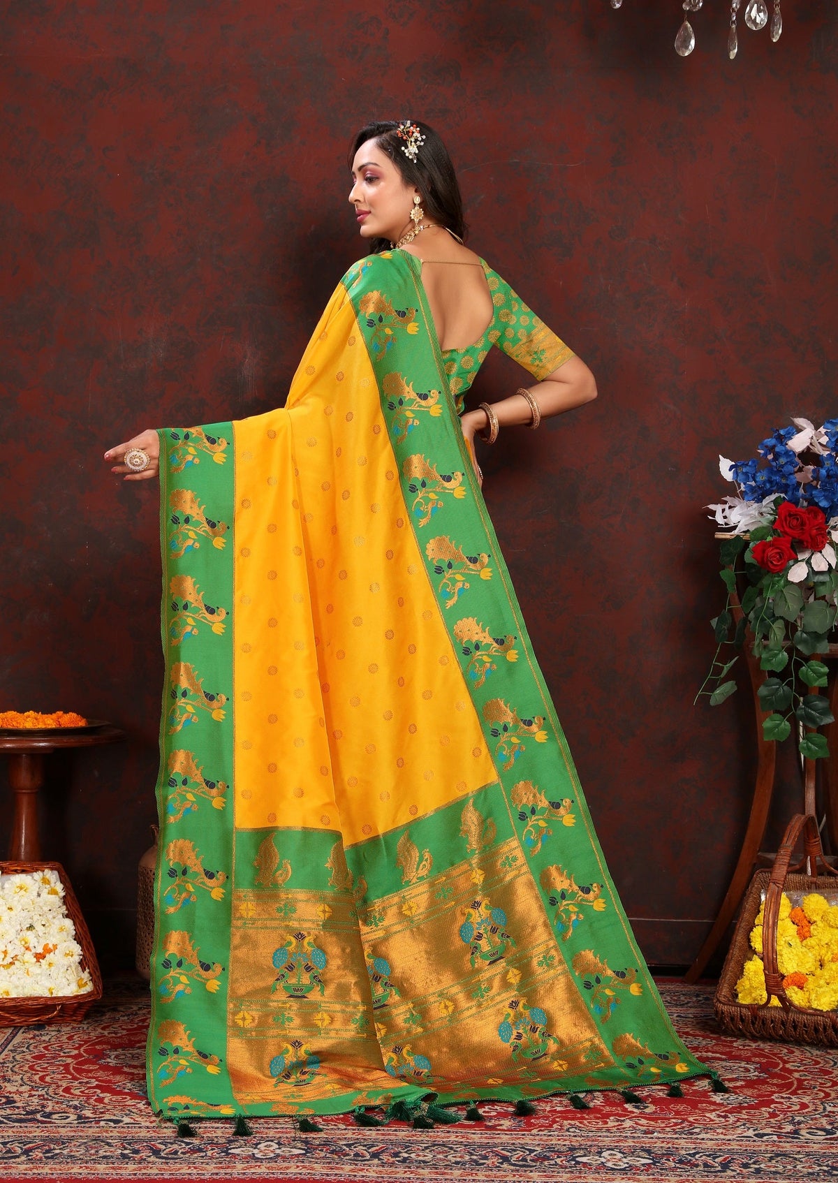 Vedant Vastram Mustard Color Paithani Silk Saree - Mustard | Grocsy