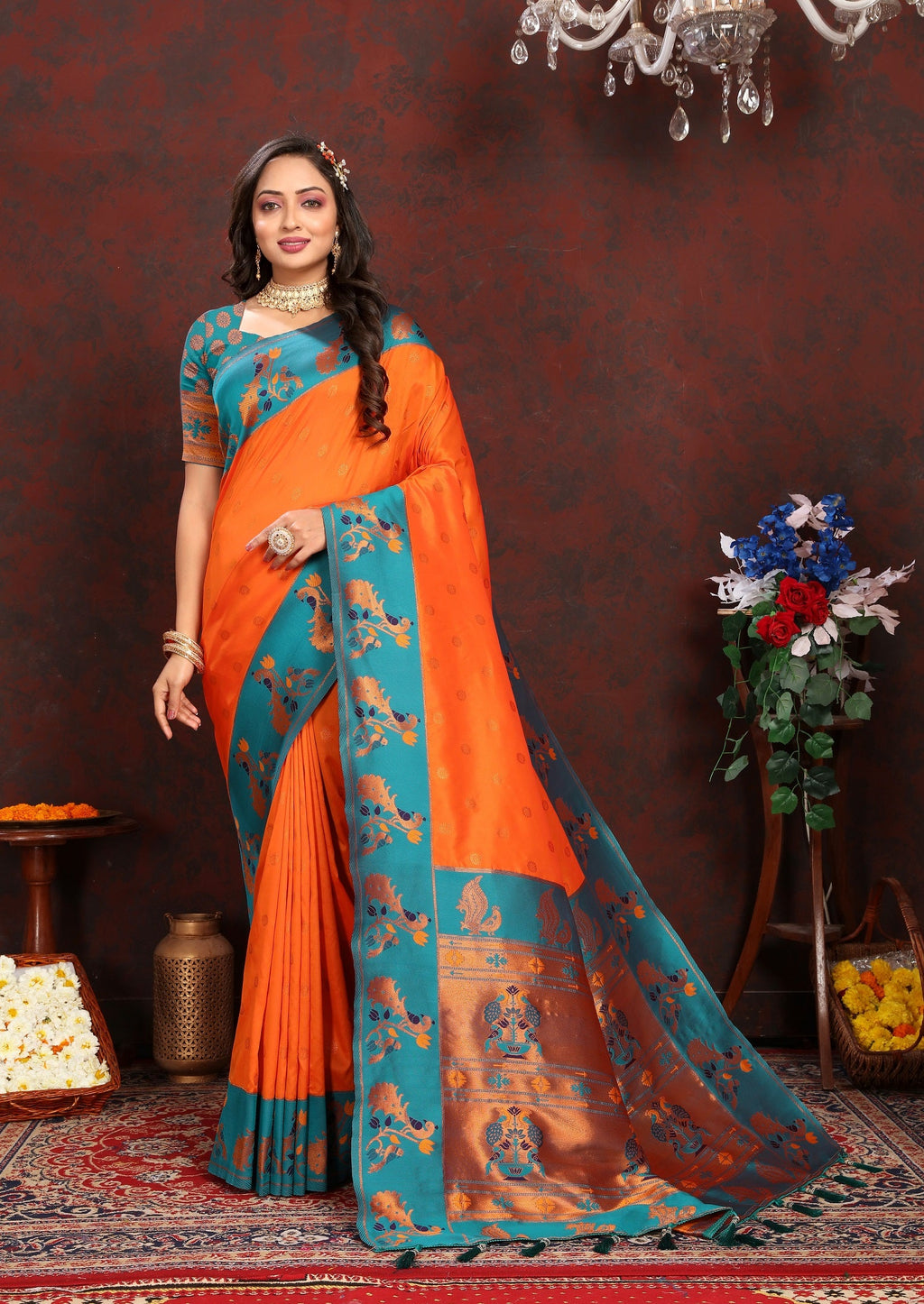 Vedant Vastram Orange Color Paithani Silk Saree - Orange | Grocsy
