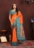 Vedant Vastram Orange Color Paithani Silk Saree - Orange | Grocsy