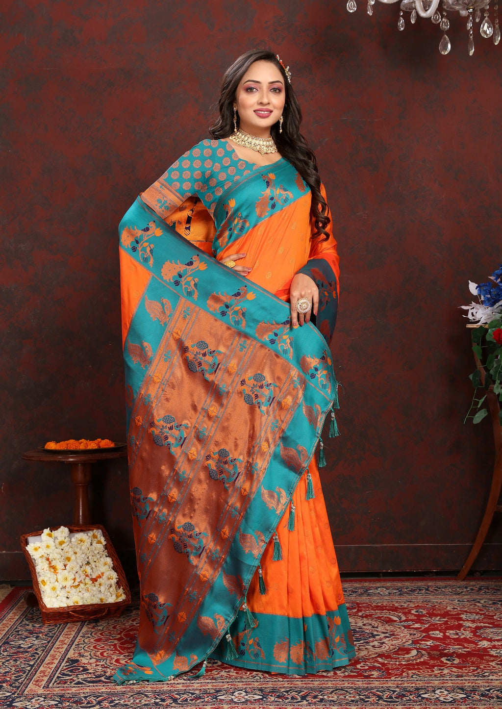 Vedant Vastram Orange Color Paithani Silk Saree - Orange | Grocsy