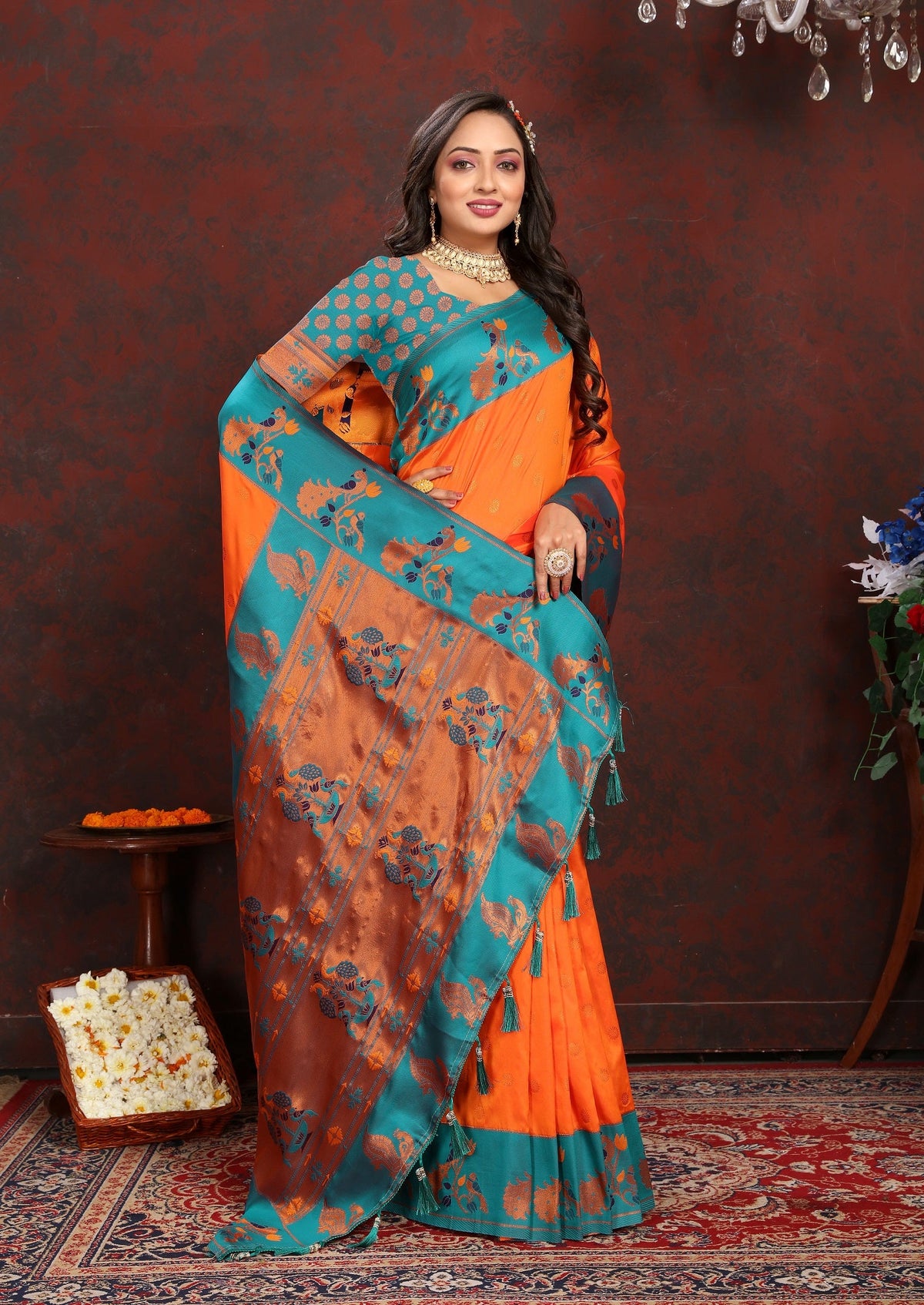 Vedant Vastram Orange Color Paithani Silk Saree - Orange | Grocsy