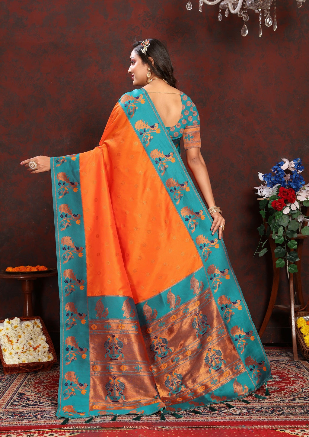 Vedant Vastram Orange Color Paithani Silk Saree - Orange | Grocsy