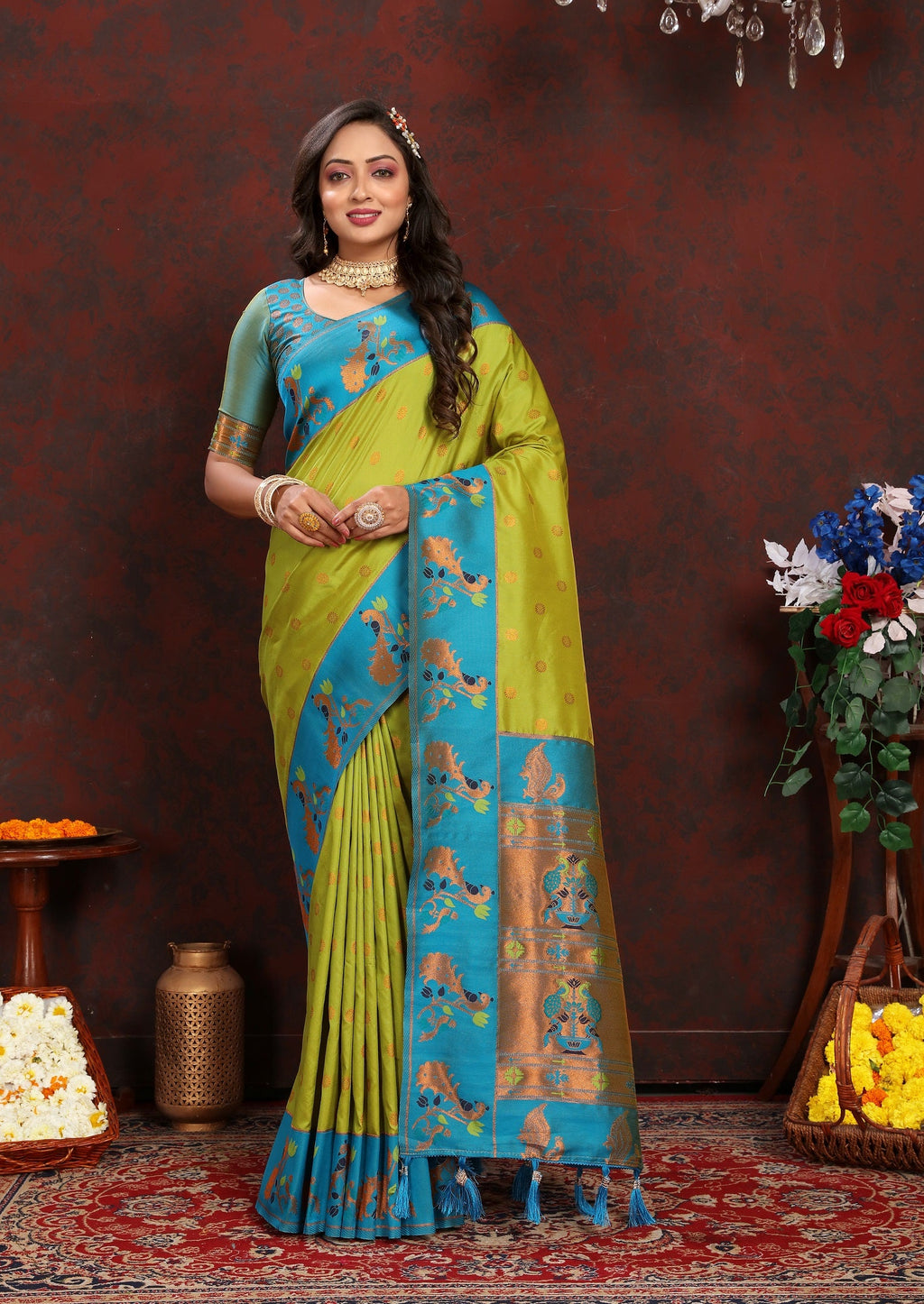 Vedant Vastram Parrot Color Paithani Silk Saree - Parrot | Grocsy