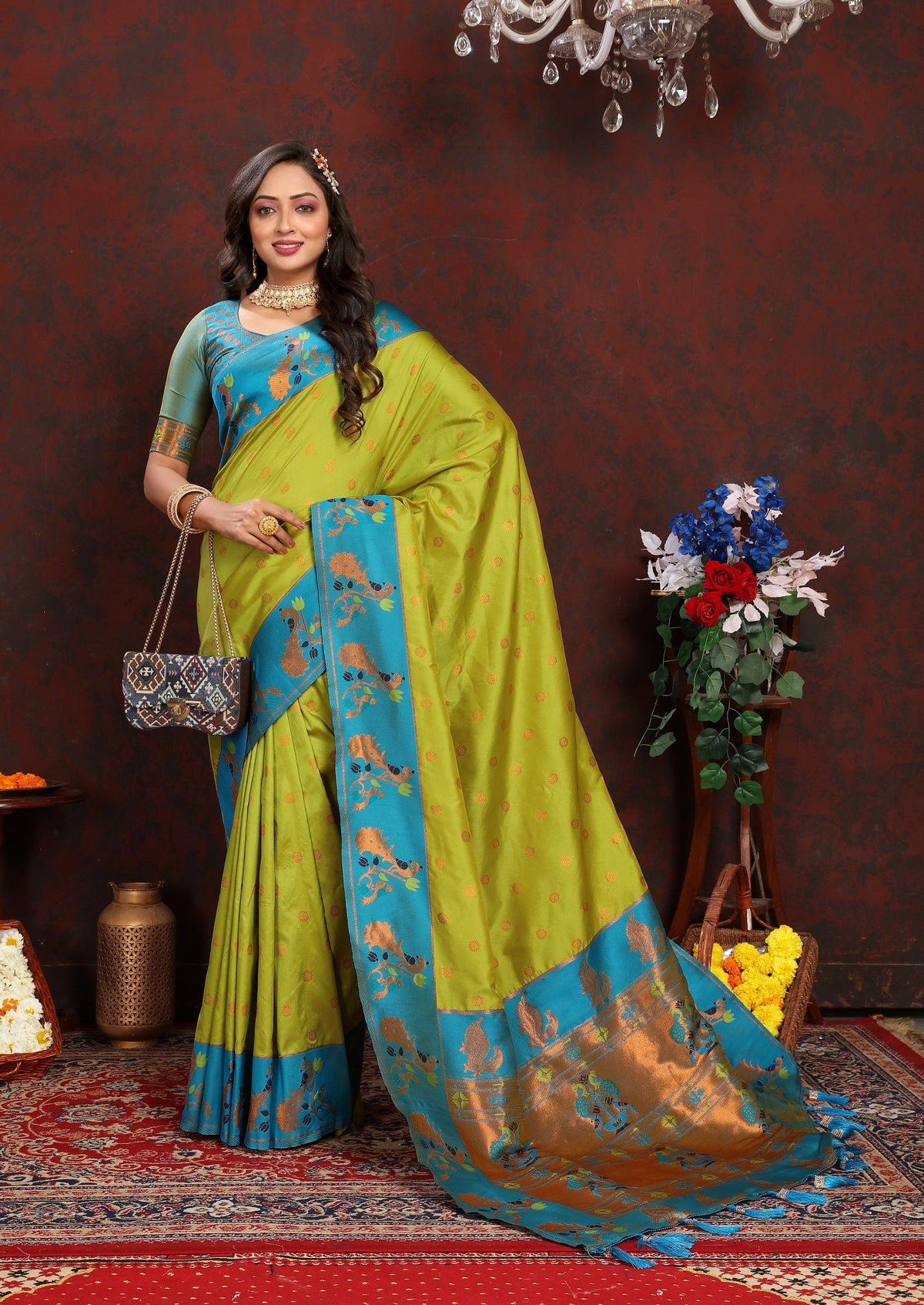 Vedant Vastram Parrot Color Paithani Silk Saree - Parrot | Grocsy