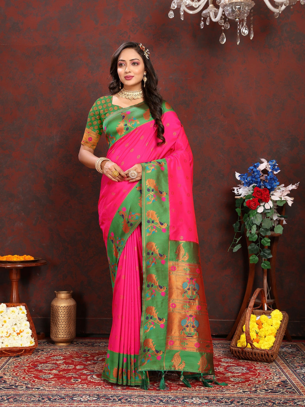 Vedant Vastram Pink Color Paithani Silk Saree - Pink | Grocsy
