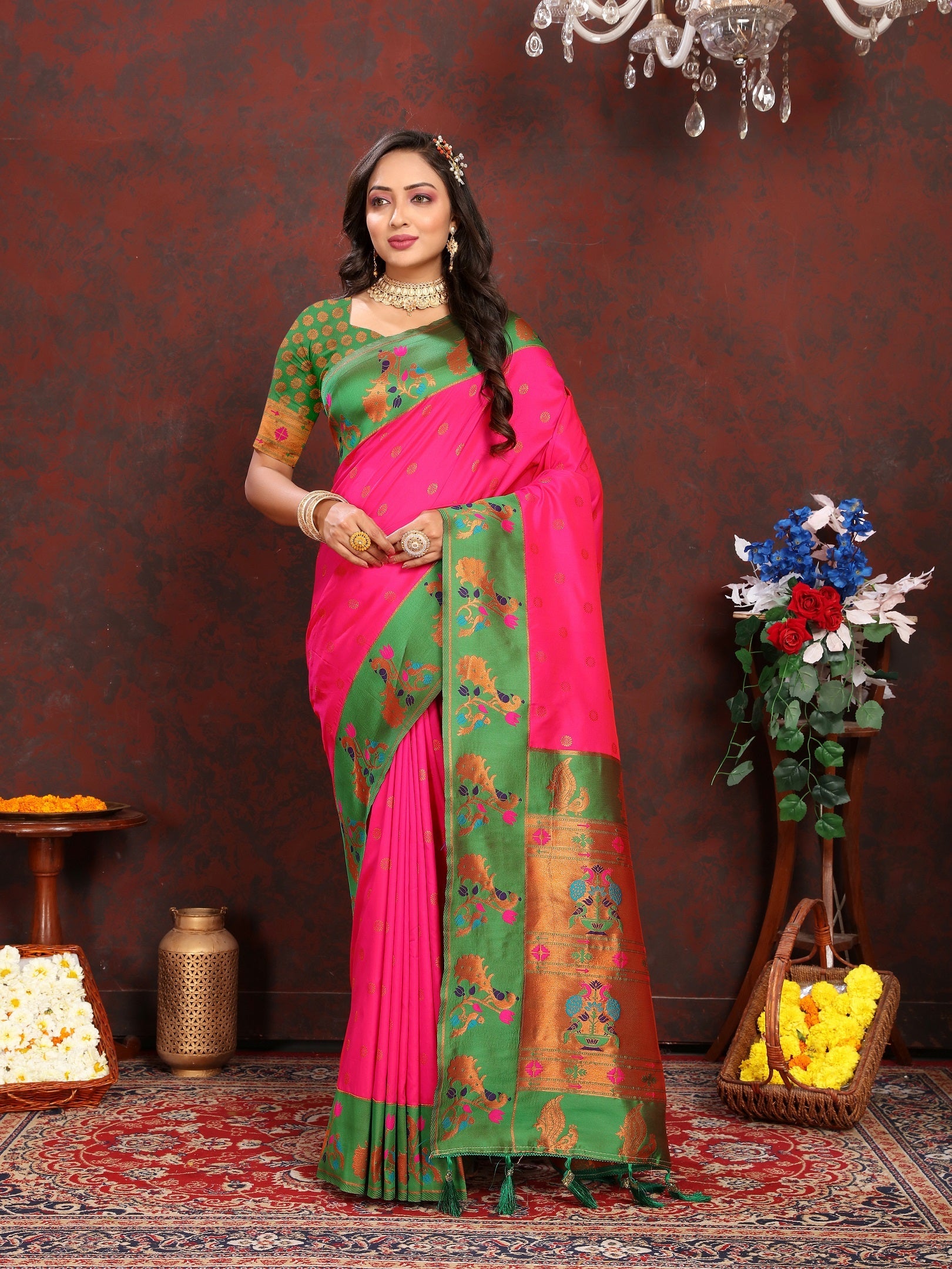 Vedant Vastram Pink Color Paithani Silk Saree - Pink | Grocsy