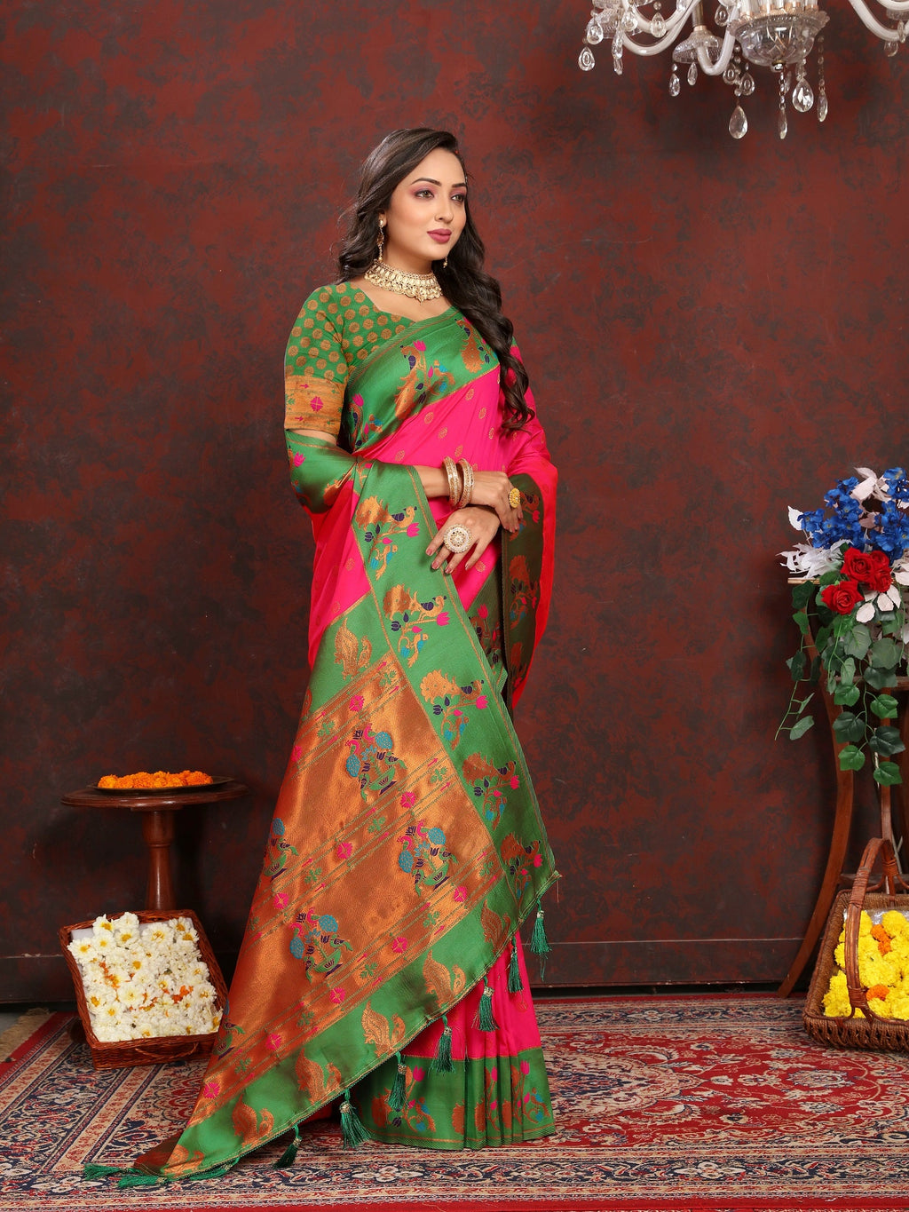 Vedant Vastram Pink Color Paithani Silk Saree - Pink | Grocsy