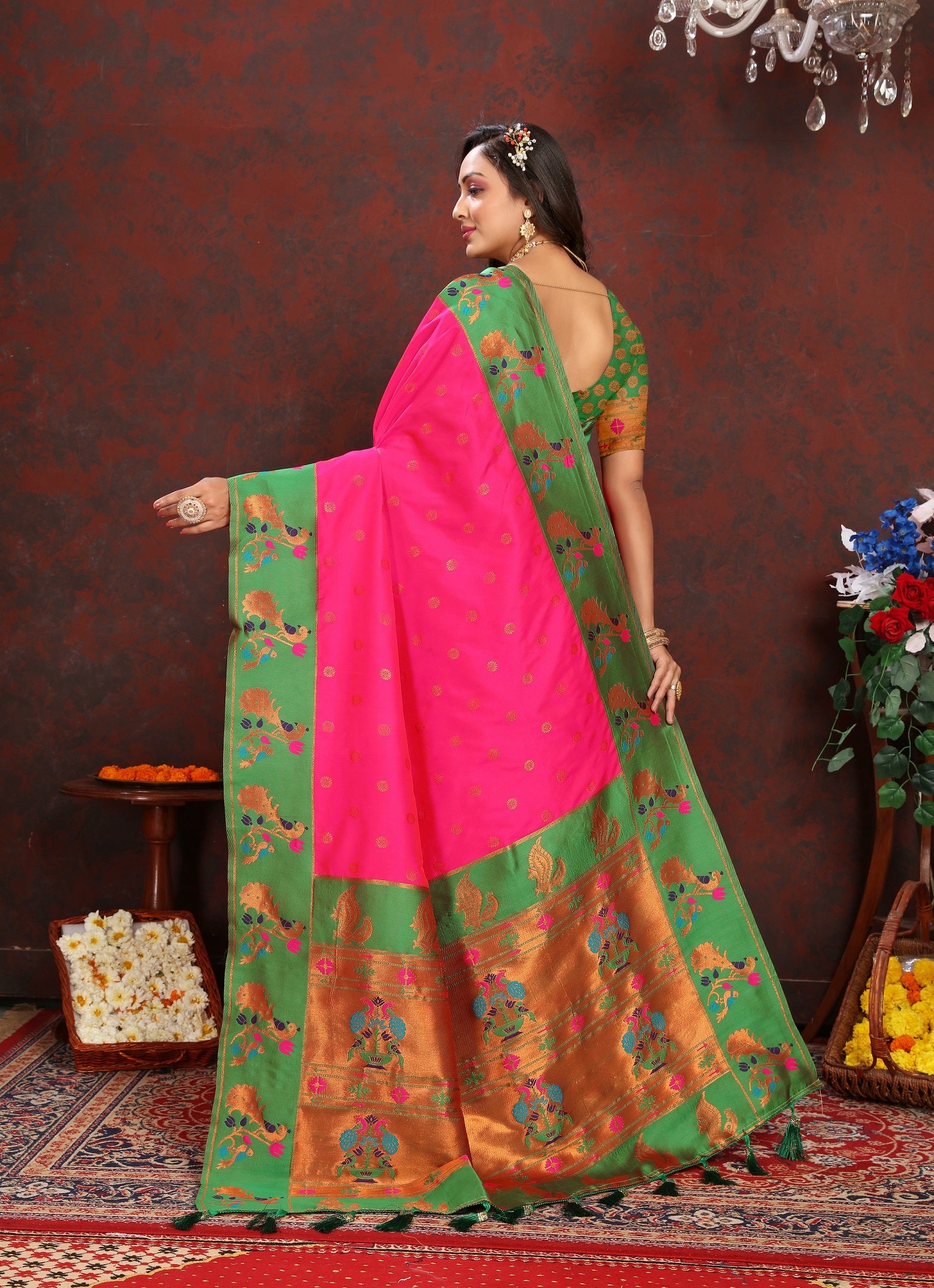Vedant Vastram Pink Color Paithani Silk Saree - Pink | Grocsy
