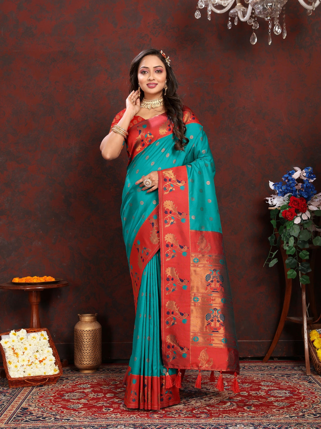Vedant Vastram Rama Color Paithani Silk Saree - Rama | Grocsy