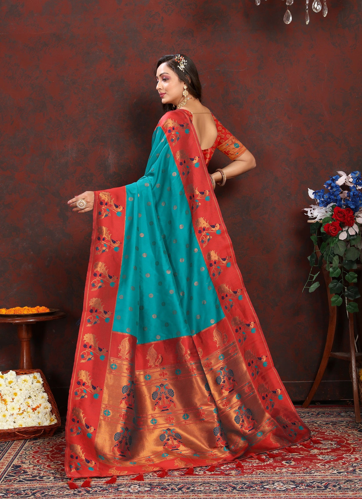 Vedant Vastram Rama Color Paithani Silk Saree - Rama | Grocsy