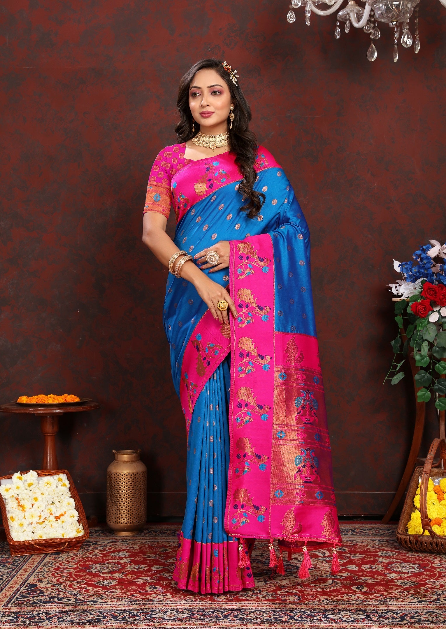 Vedant Vastram Royal Blue Color Paithani Silk Saree - Royal Blue | Grocsy