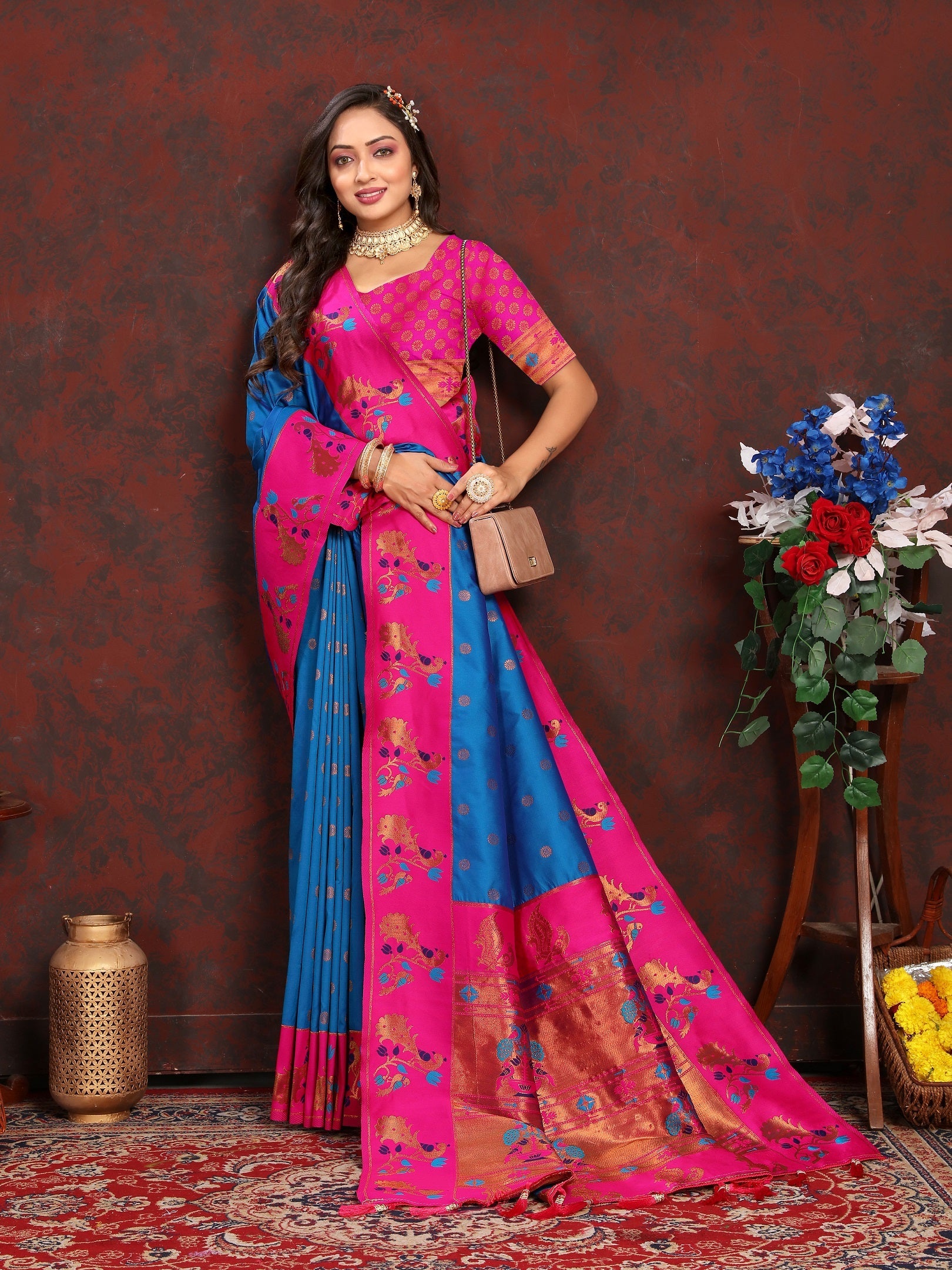 Vedant Vastram Royal Blue Color Paithani Silk Saree - Royal Blue | Grocsy