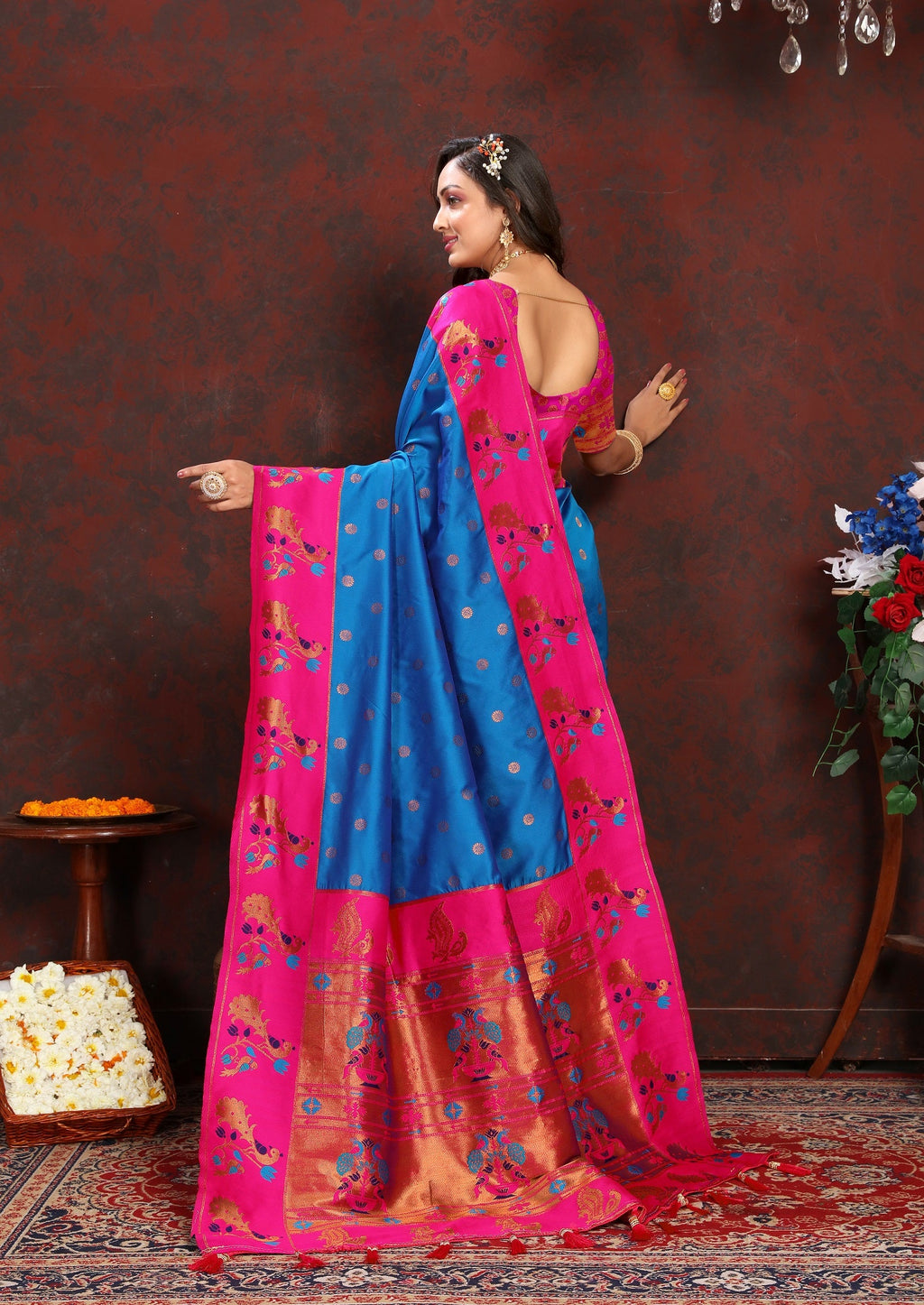 Vedant Vastram Royal Blue Color Paithani Silk Saree - Royal Blue | Grocsy