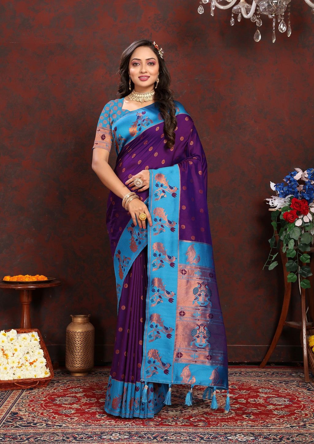 Vedant Vastram Violet Color Paithani Silk Saree - Violet | Grocsy