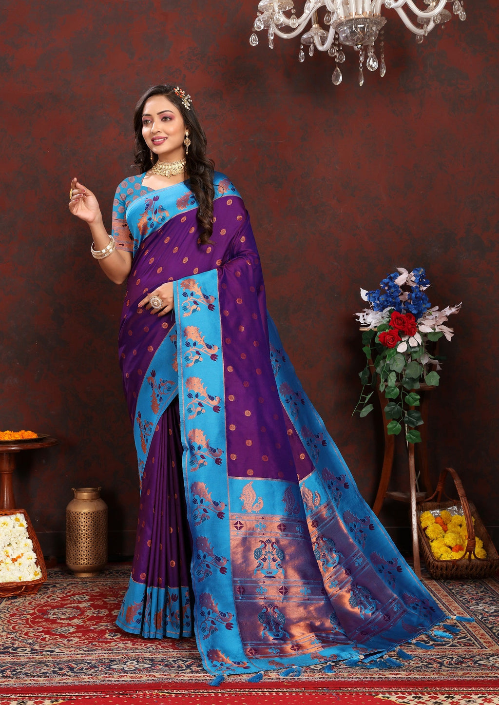Vedant Vastram Violet Color Paithani Silk Saree - Violet | Grocsy