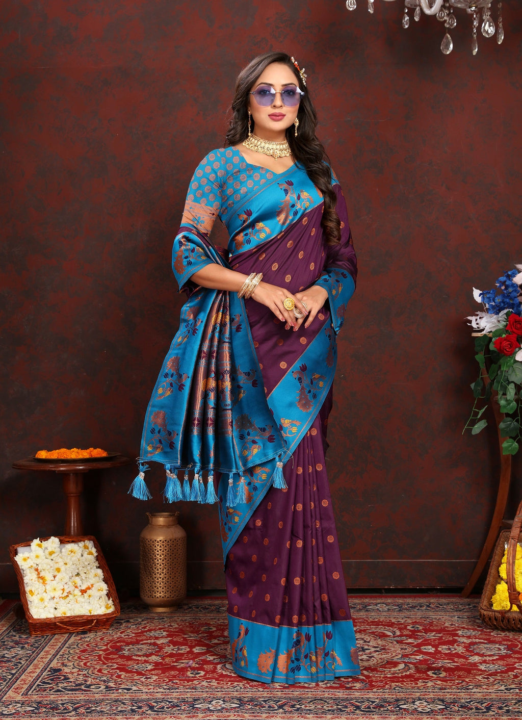 Vedant Vastram Wine Color Paithani Silk Saree - Wine | Grocsy