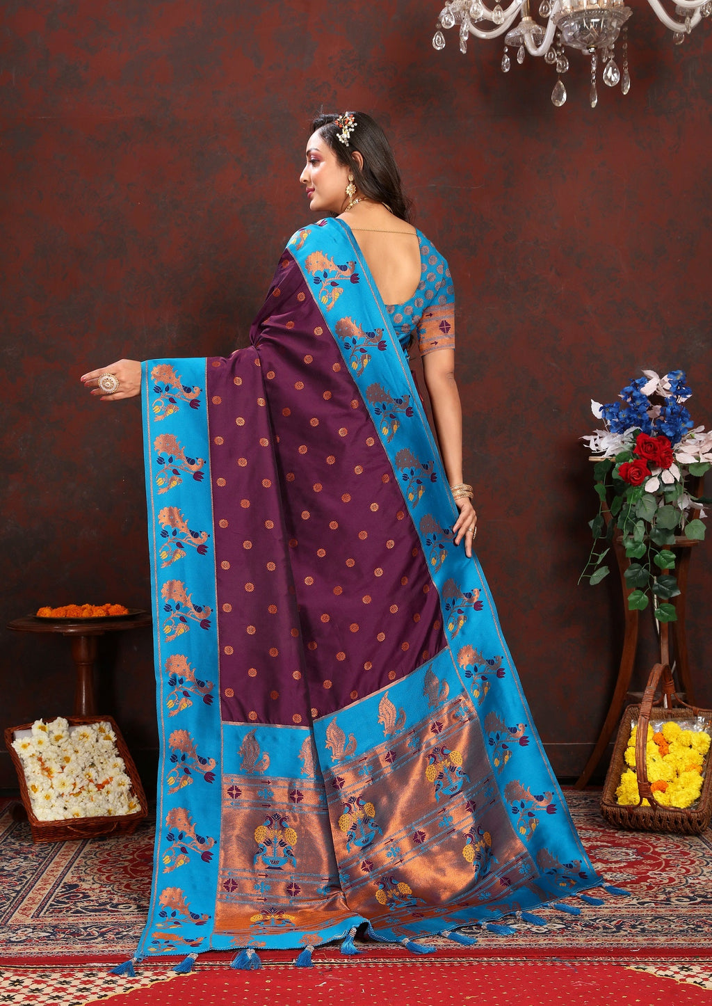 Vedant Vastram Wine Color Paithani Silk Saree - Wine | Grocsy