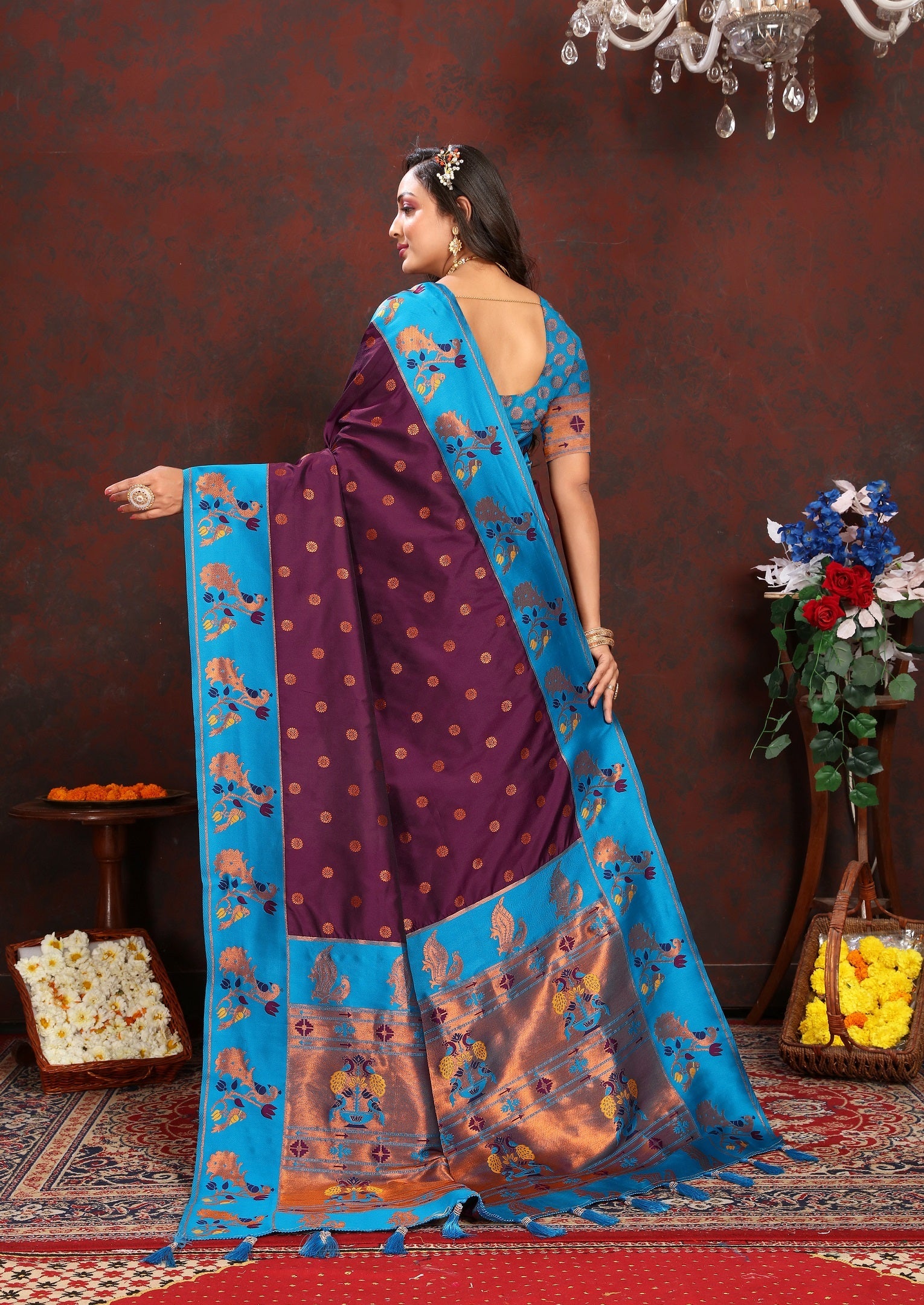 Vedant Vastram Wine Color Paithani Silk Saree - Wine | Grocsy