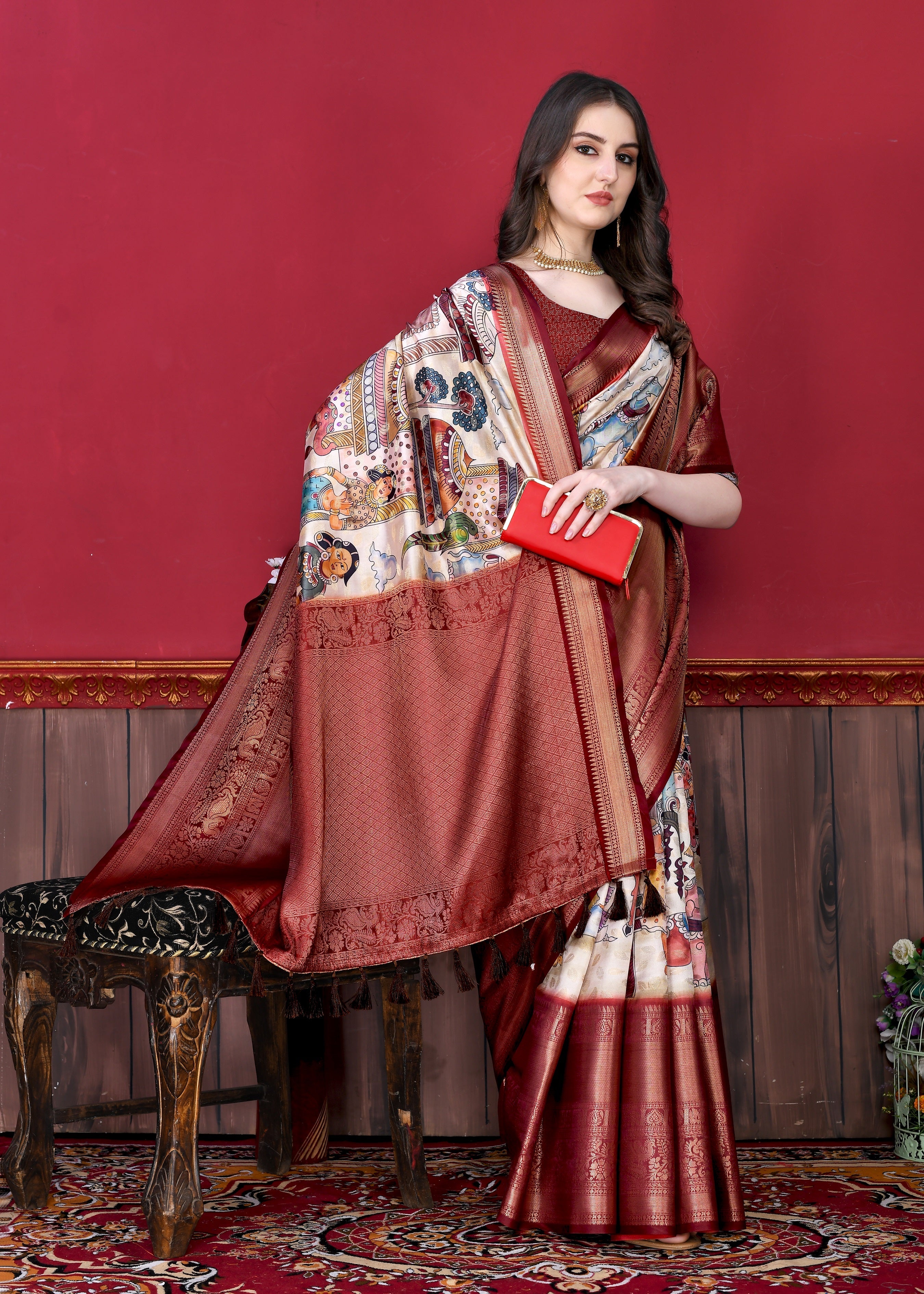 Vedant Vastram Maroon Color Kanjeevaram Silk Saree - Maroon | Grocsy