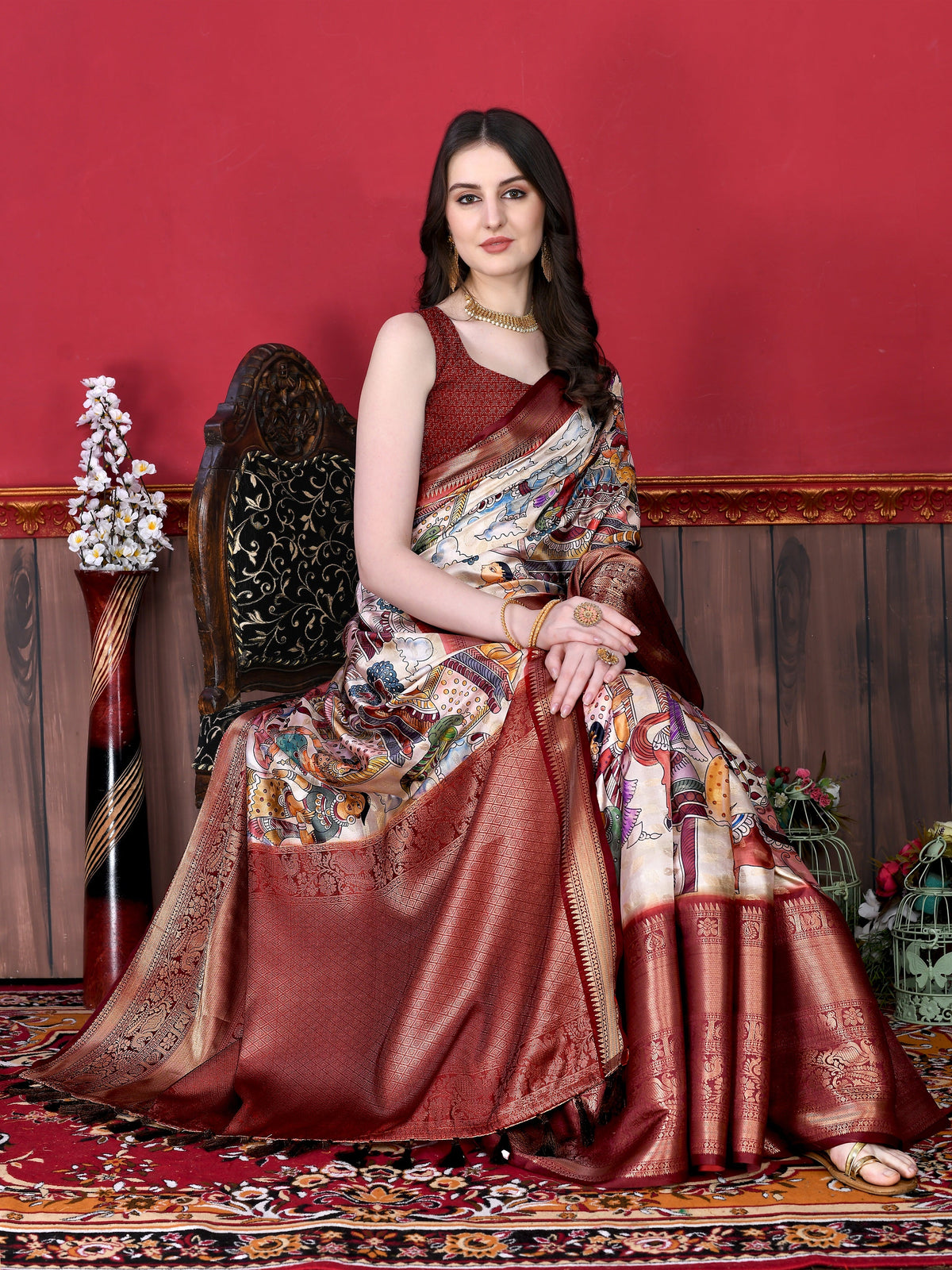Vedant Vastram Maroon Color Kanjeevaram Silk Saree - Maroon | Grocsy