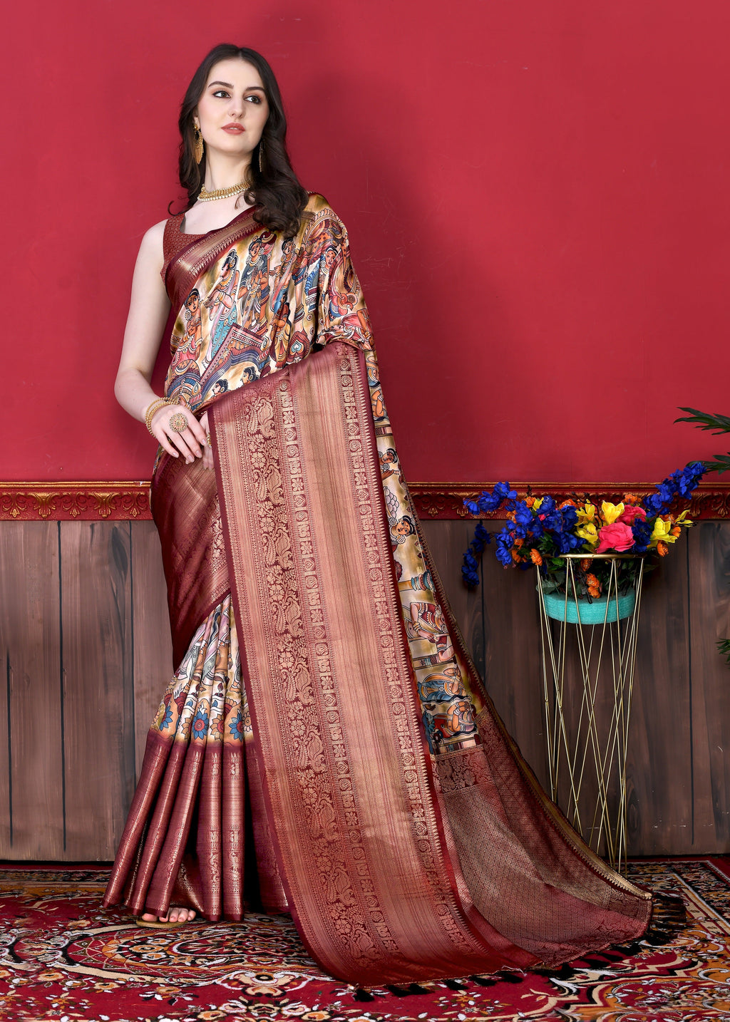Vedant Vastram Wine Color Kanjeevaram Silk Saree - Wine | Grocsy