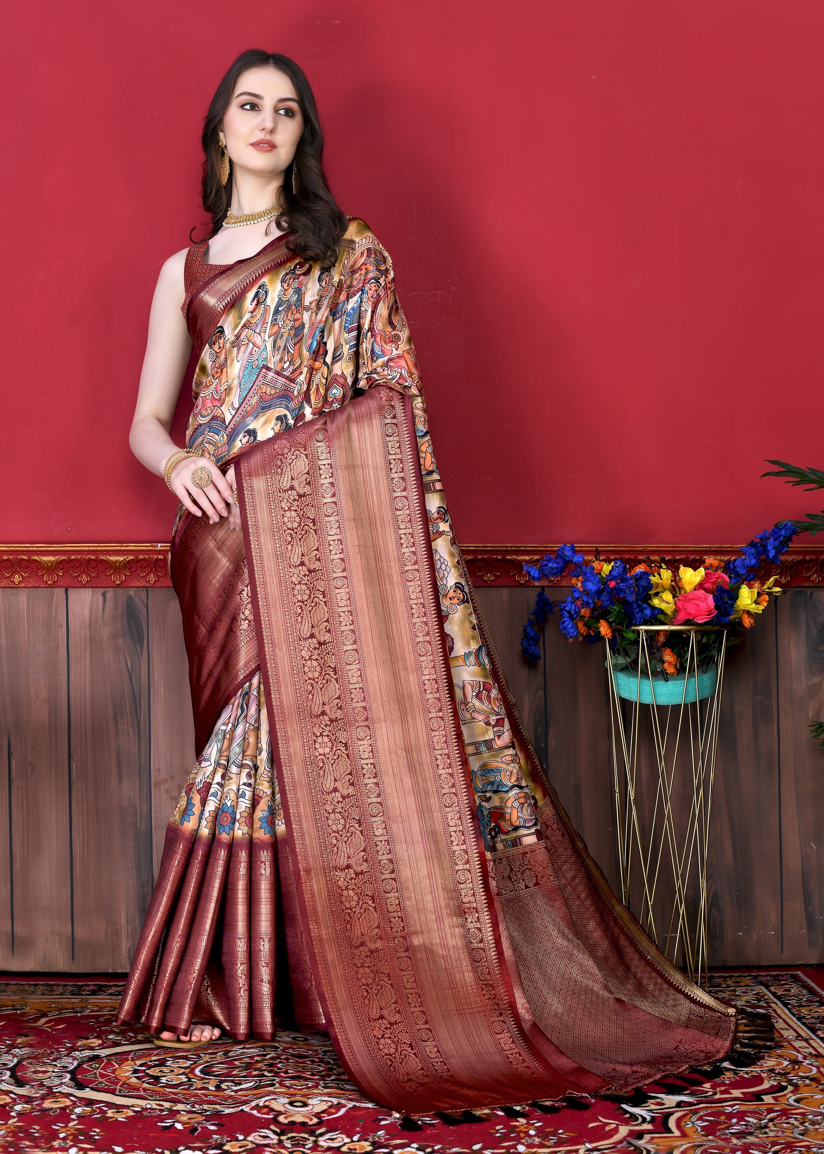 Vedant Vastram Wine Color Kanjeevaram Silk Saree - Wine | Grocsy