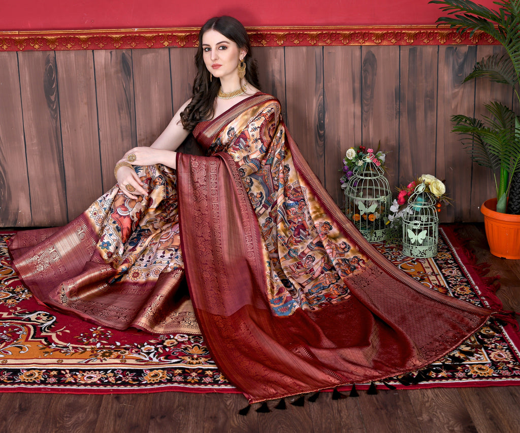 Vedant Vastram Wine Color Kanjeevaram Silk Saree - Wine | Grocsy