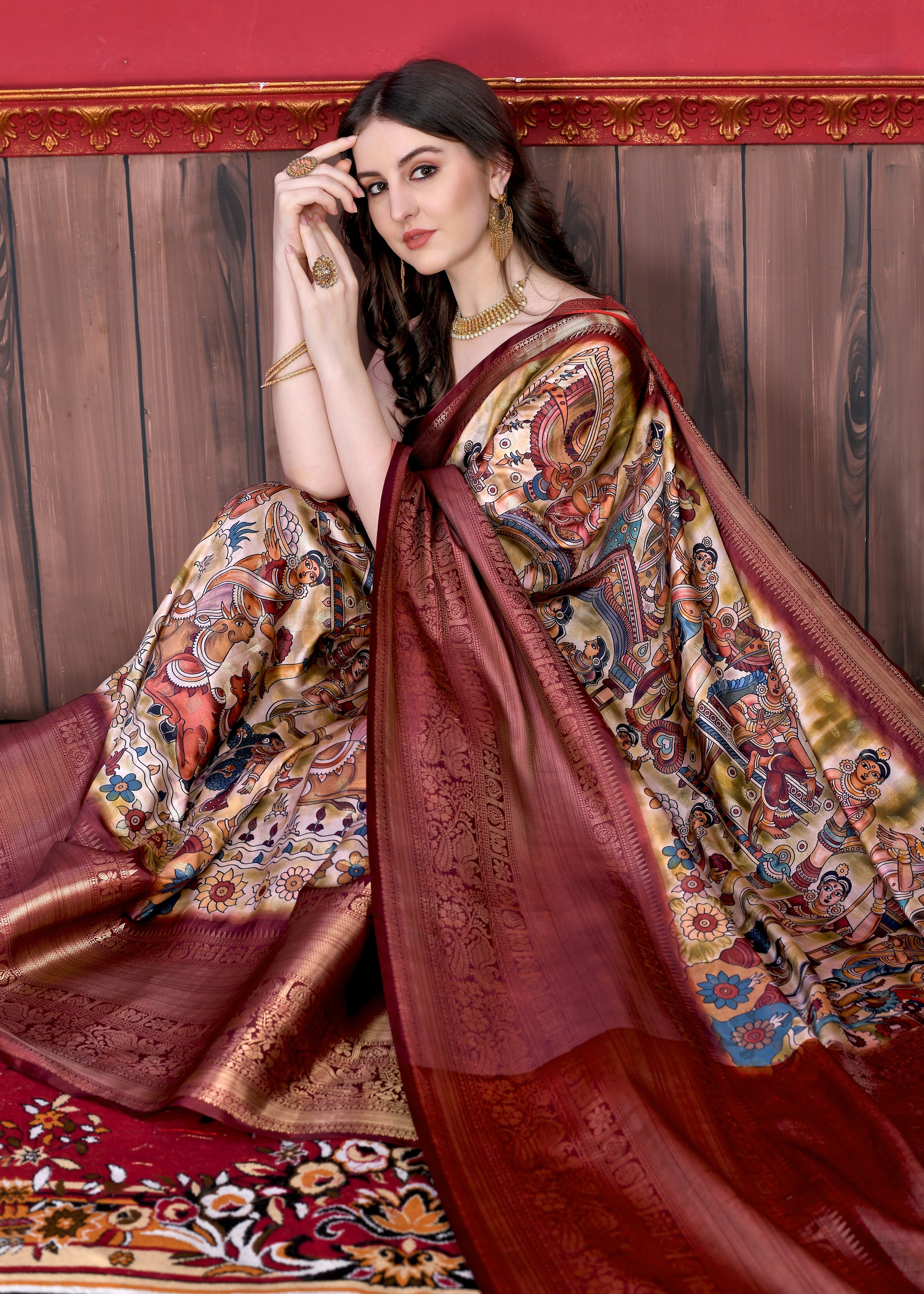 Vedant Vastram Wine Color Kanjeevaram Silk Saree - Wine | Grocsy