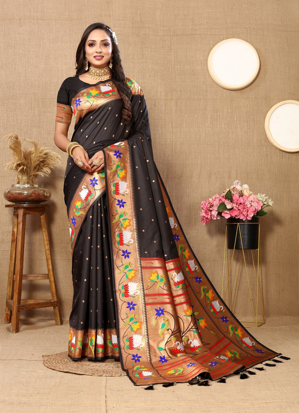 Vedant Vastram Black Color Paithani Silk Saree - Black | Grocsy