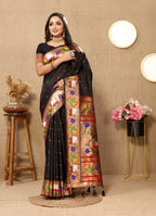 Vedant Vastram Black Color Paithani Silk Saree - Black | Grocsy