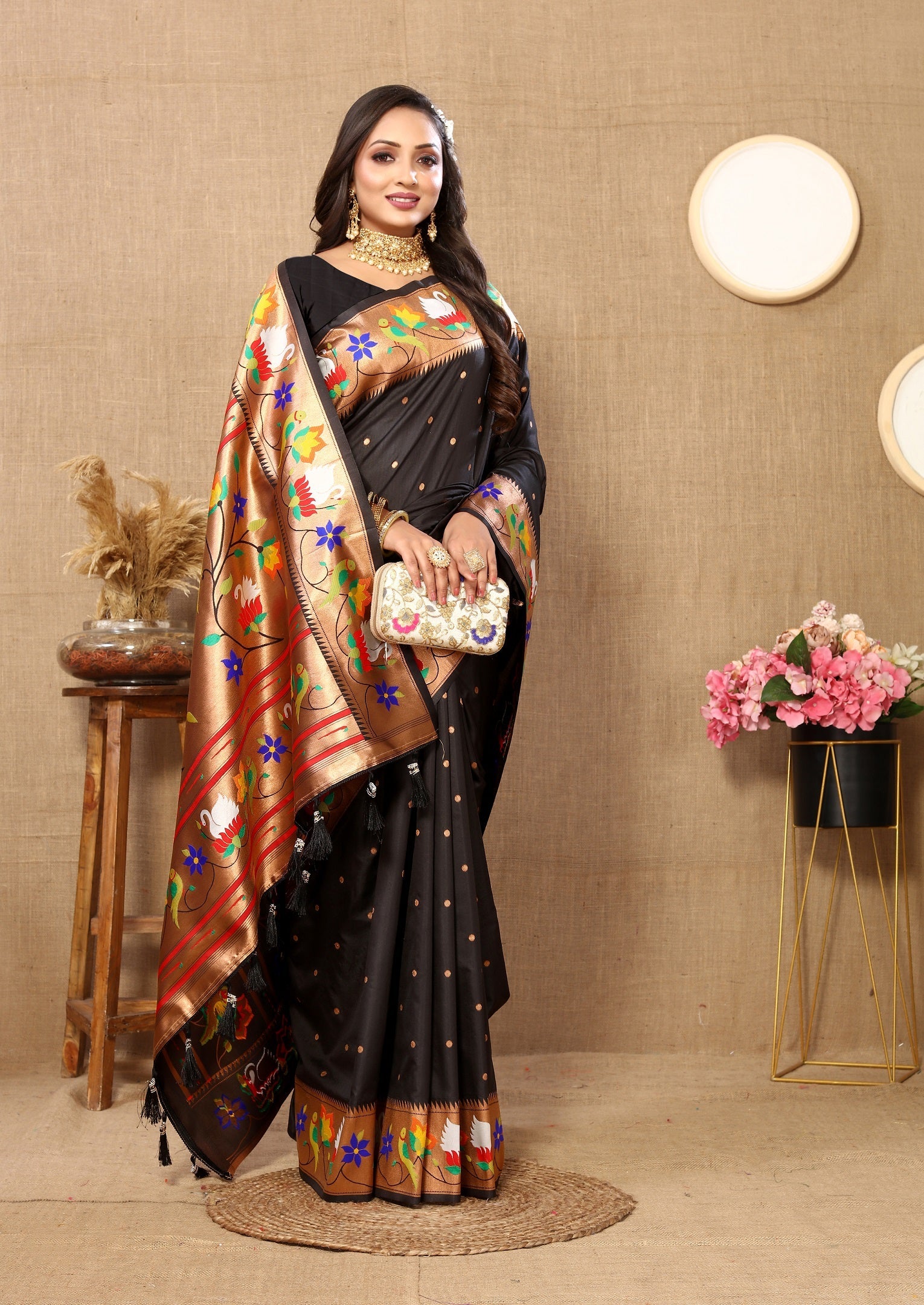 Vedant Vastram Black Color Paithani Silk Saree - Black | Grocsy