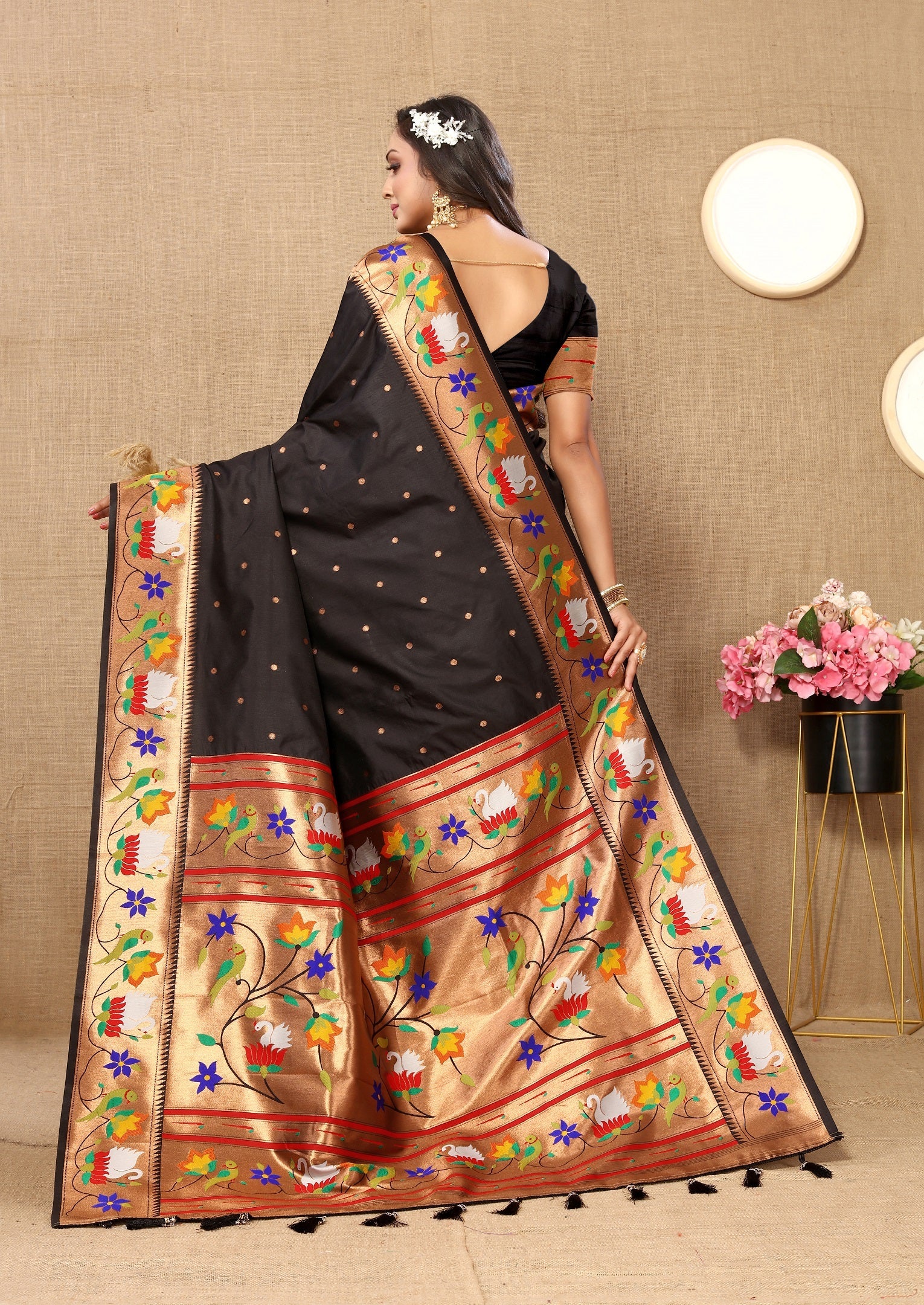 Vedant Vastram Black Color Paithani Silk Saree - Black | Grocsy