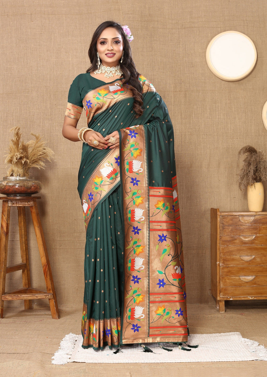 Vedant Vastram Bottle Green Color Paithani Silk Saree - Bottle Green | Grocsy