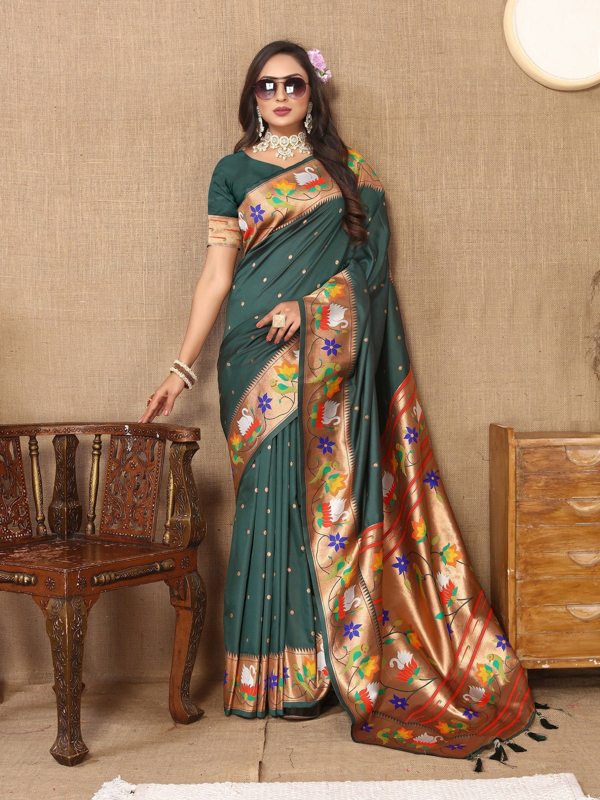 Vedant Vastram Bottle Green Color Paithani Silk Saree - Bottle Green | Grocsy