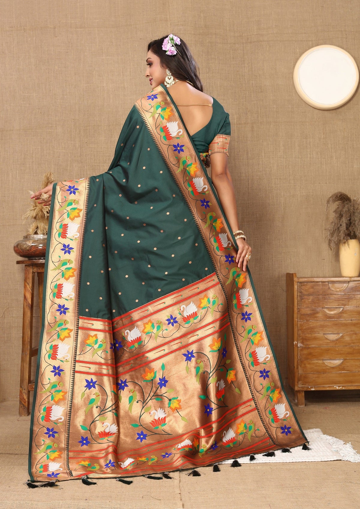 Vedant Vastram Bottle Green Color Paithani Silk Saree - Bottle Green | Grocsy