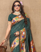 Vedant Vastram Bottle Green Color Paithani Silk Saree - Bottle Green | Grocsy