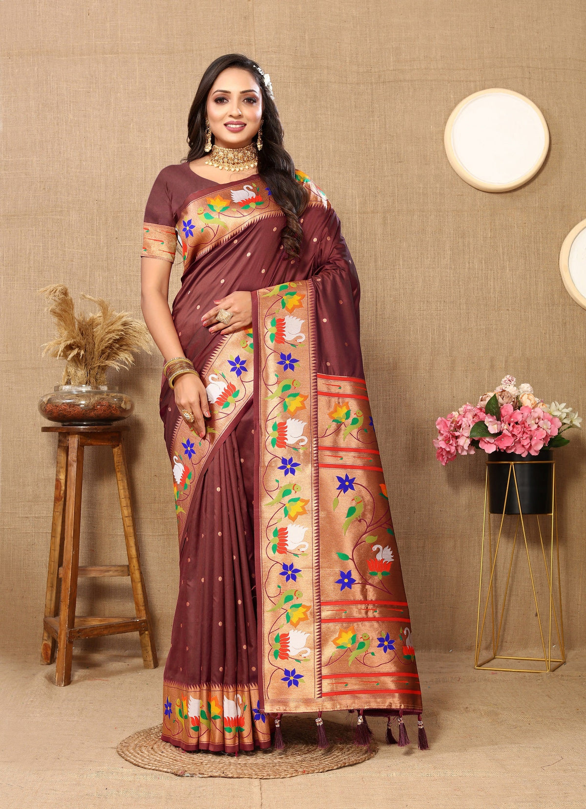 Vedant Vastram Brown Color Paithani Silk Saree - Brown | Grocsy