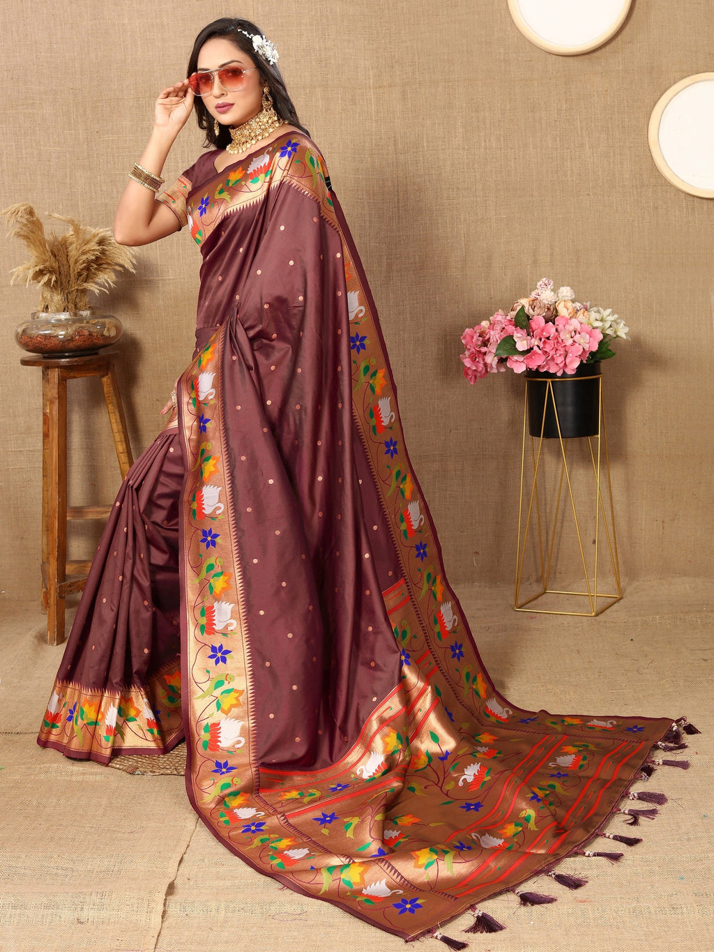 Vedant Vastram Brown Color Paithani Silk Saree - Brown | Grocsy