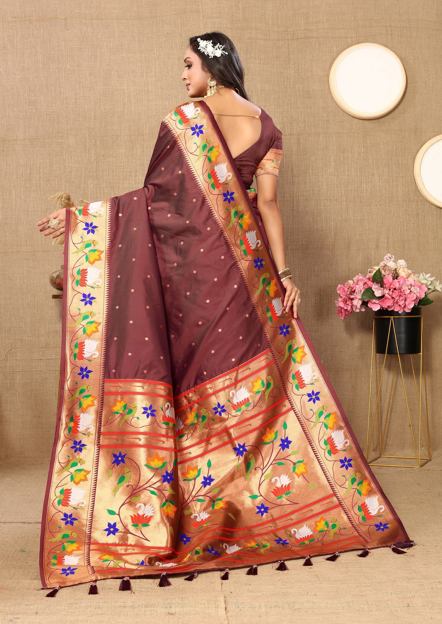 Vedant Vastram Brown Color Paithani Silk Saree - Brown | Grocsy