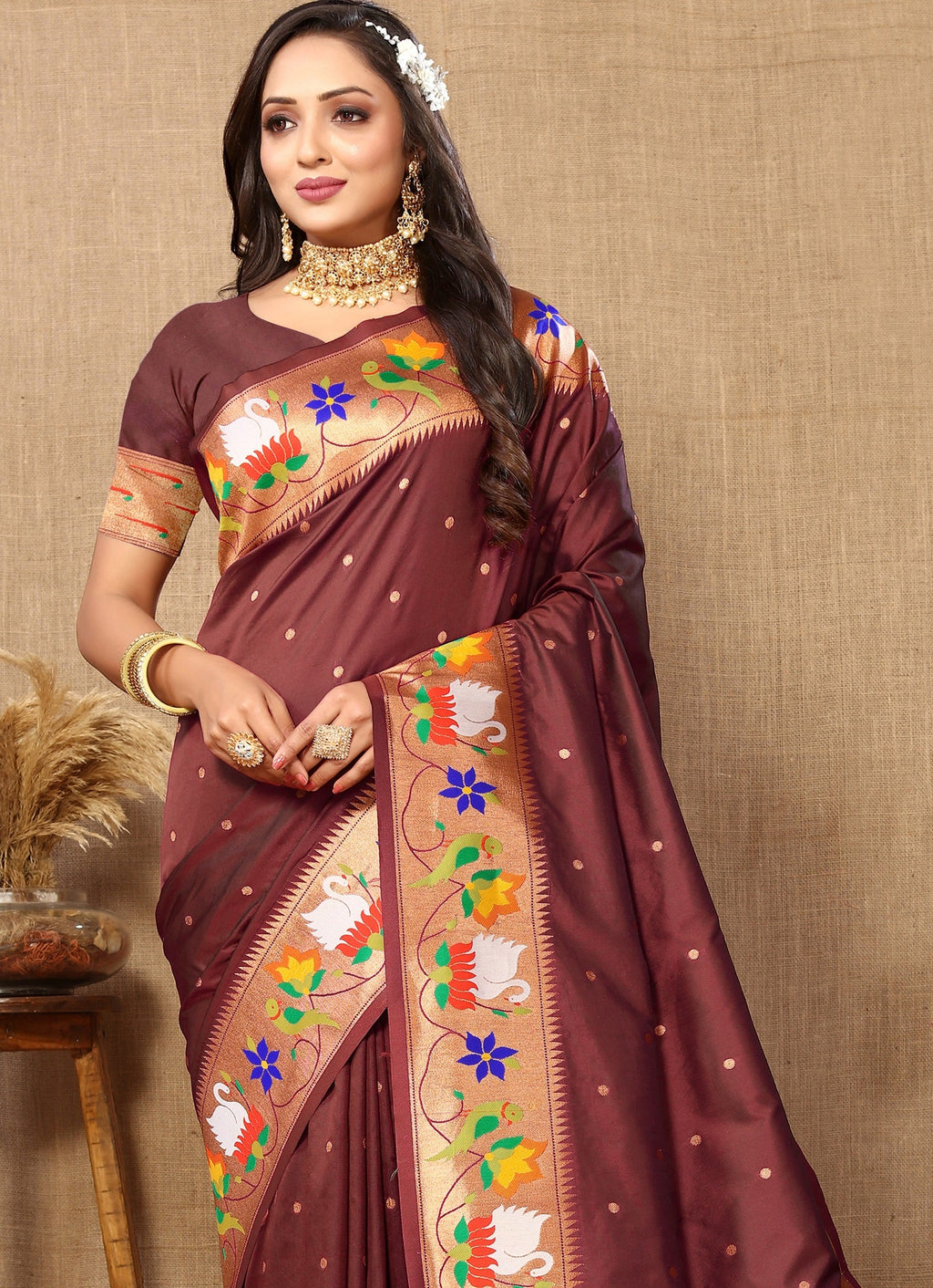 Vedant Vastram Brown Color Paithani Silk Saree - Brown | Grocsy