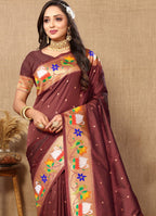 Vedant Vastram Brown Color Paithani Silk Saree - Brown | Grocsy