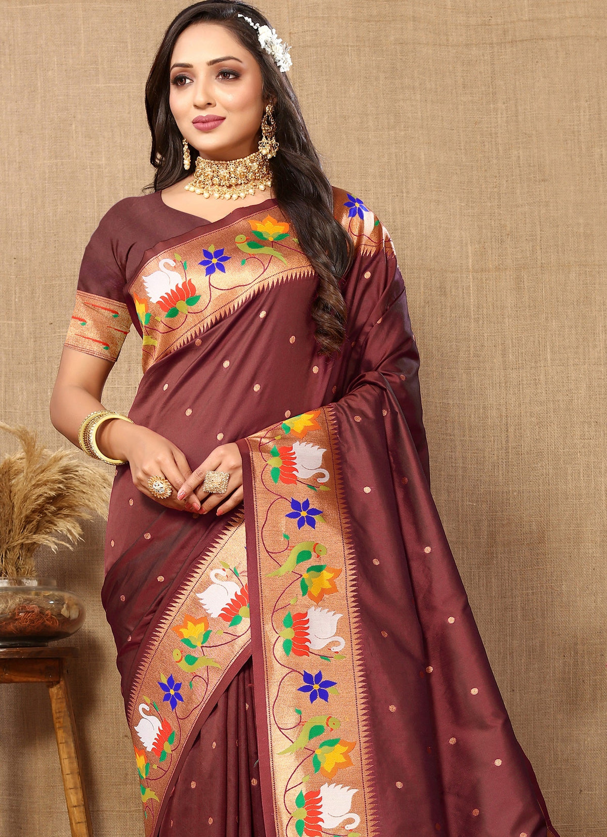 Vedant Vastram Brown Color Paithani Silk Saree - Brown | Grocsy