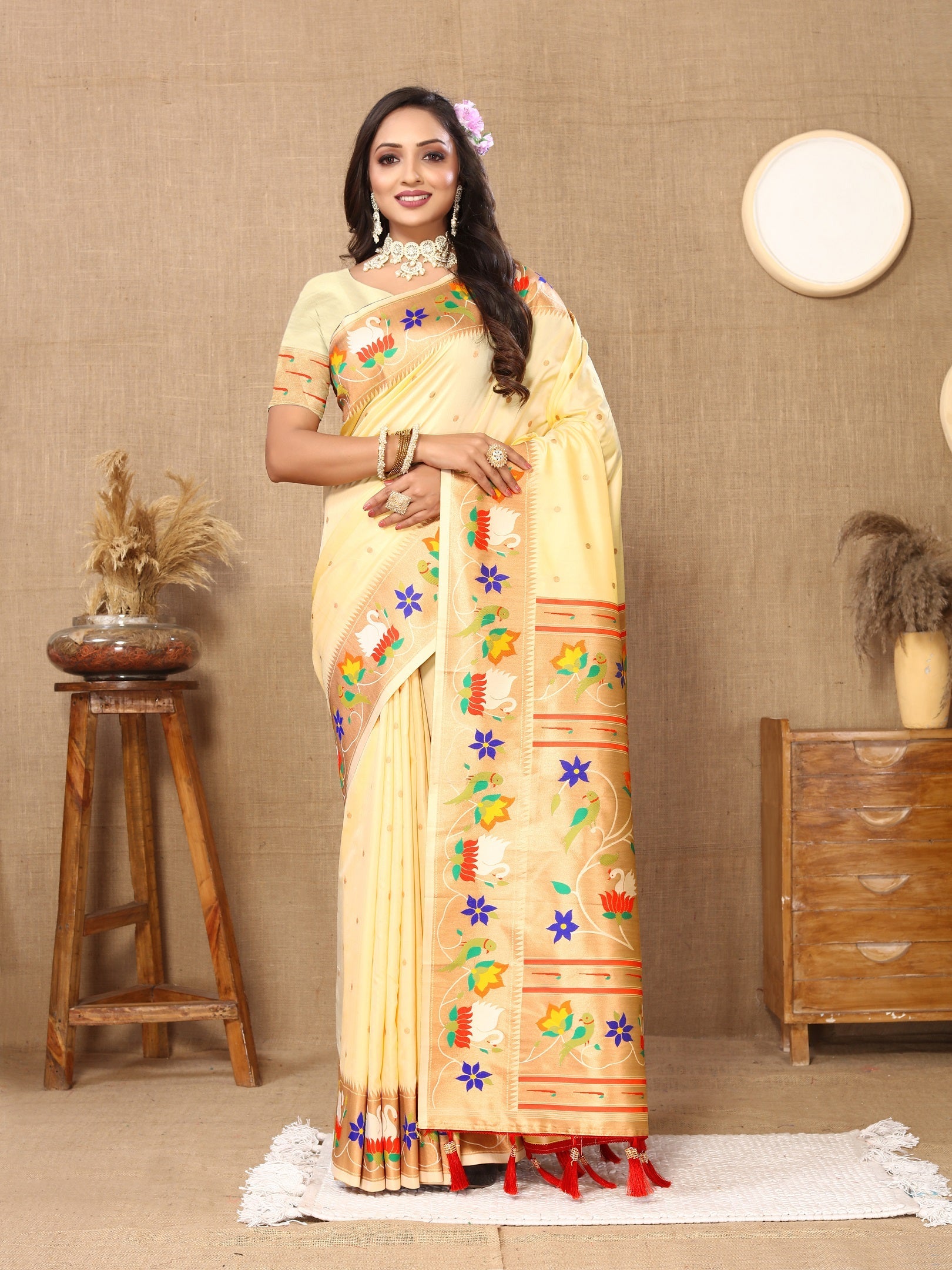 Vedant Vastram Cream Color Paithani Silk Saree - Cream | Grocsy