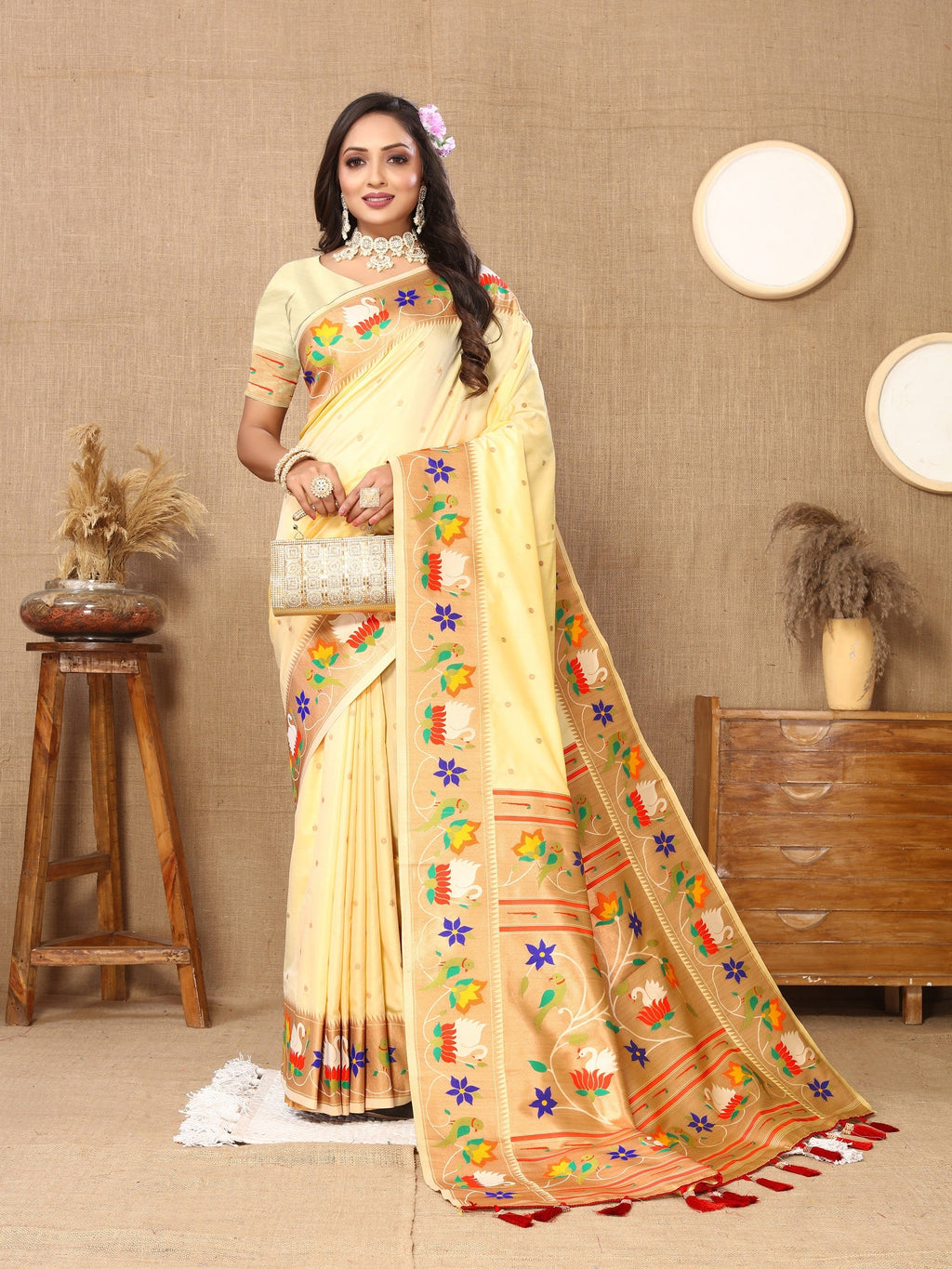 Vedant Vastram Cream Color Paithani Silk Saree - Cream | Grocsy