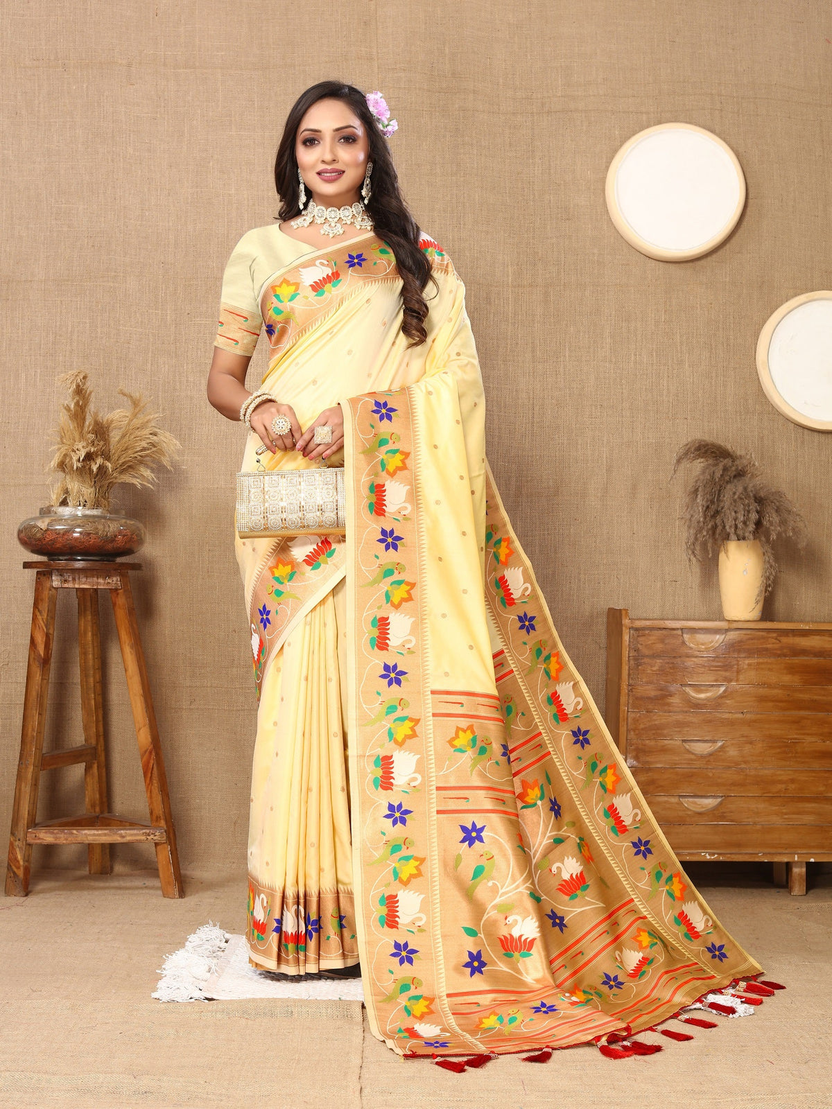 Vedant Vastram Cream Color Paithani Silk Saree - Cream | Grocsy